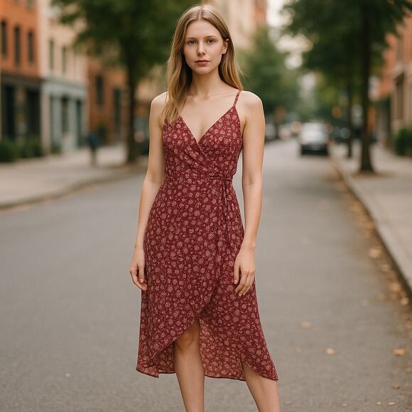 Womens Romantic Wrap Floral Cami Dress Red Spring Vacation Summer Small/Medium - Picture 1 of 9